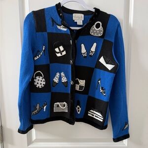 Vintage Just B Handbags and Heels Royal Blue, Black and White Sweater Size Small